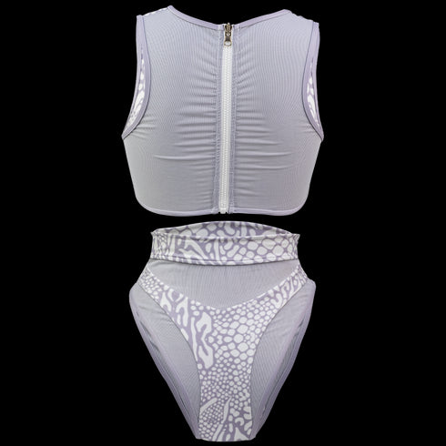 Back side of Whitehaven High Waisted Bikini in Animale Reversible, High waist with cheeky cut bottom High neck back zip crop top, BBA